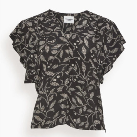 Isabel Marant Étoile Delocia Floral Blouse in Black V-neck Flutter Sleeves - Picture 3 of 16